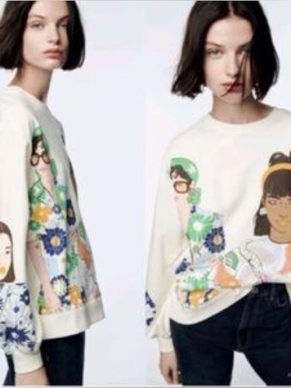 Zara Cream Graphic Crewneck Sweater with Multicolored Floral & Portrait Print